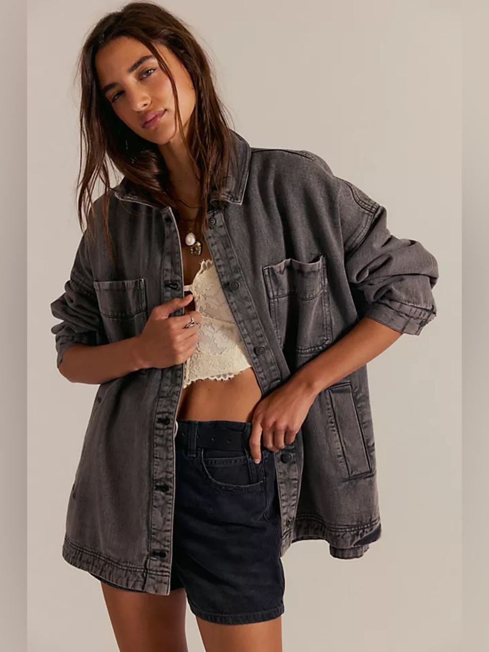 We The Free Madison City Oversized Black Denim Jacket Grunge Western Festival